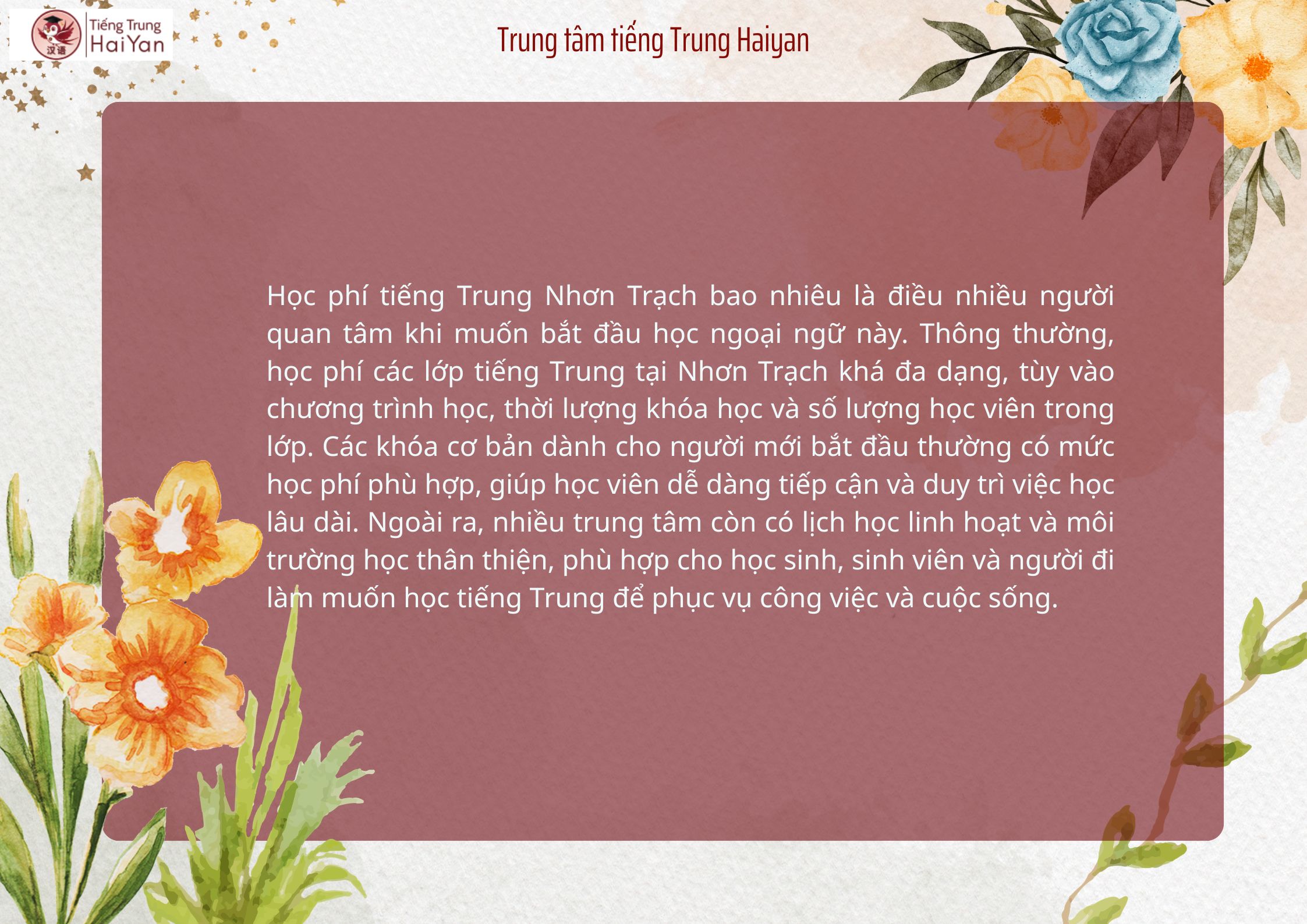 Học phí tiếng Trung Nhơn Trạch bao nhiêu